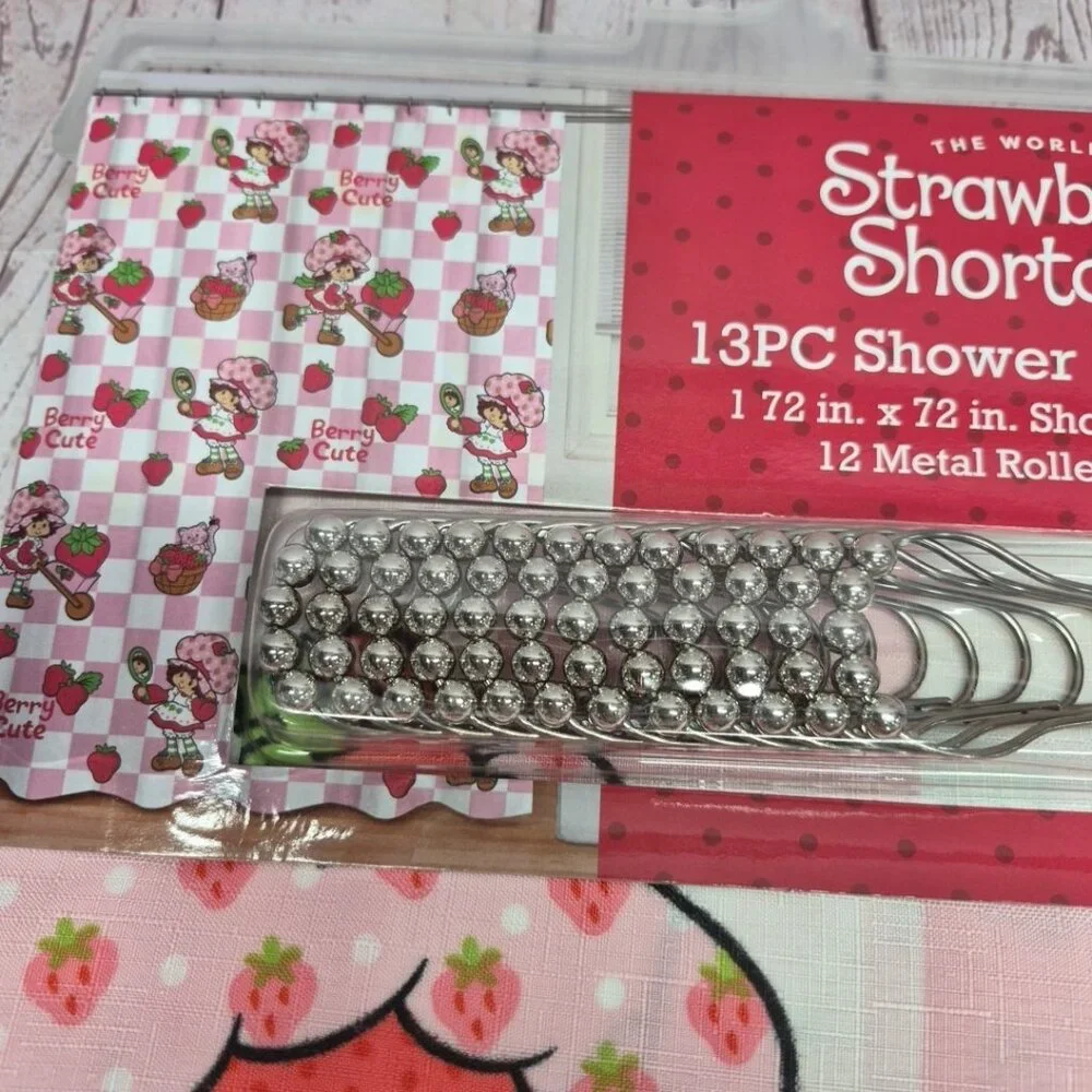 Strawberry Shortcake 13PC Shower Curtain Set Pink 72x72 Fabric With Hooks Bath